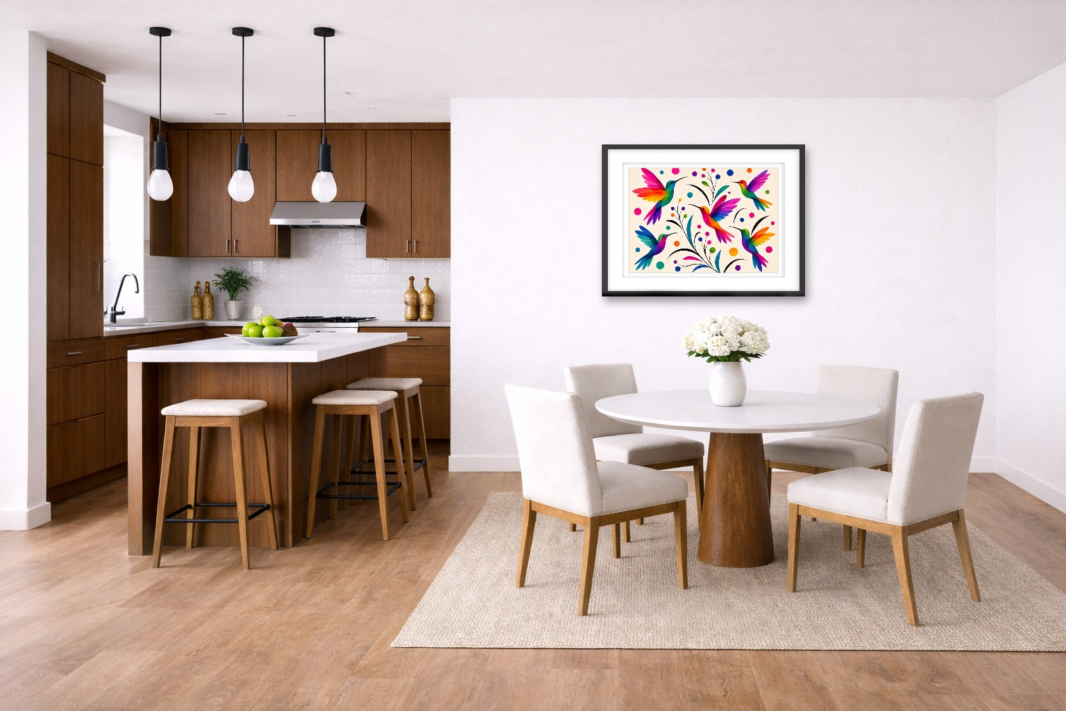 Hummingbirds - Colorful Abstract Painting printed on fine art paper, framed on a black frame and matted and hung on a wall on a dinette wall.