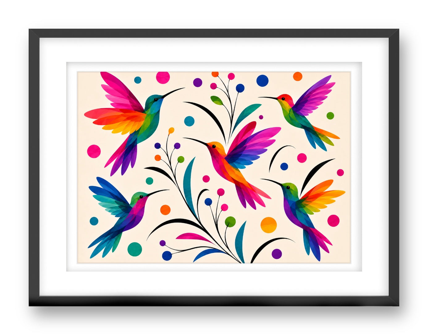 Hummingbirds printed on fine art paper, framed on a black frame and matted.