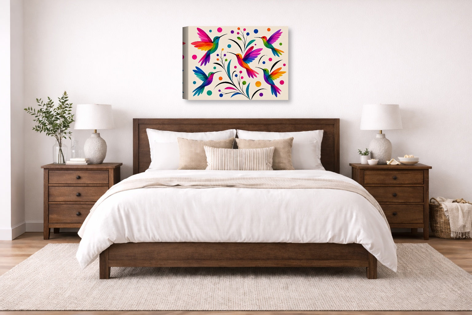 Hummingbirds - Colorful Abstract Painting printed on canvas wall art displayed on a wall above a bed.