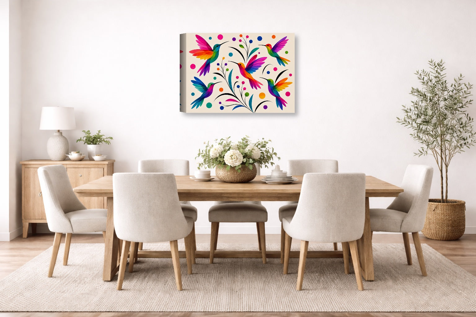 Hummingbirds - Colorful Abstract Painting printed on canvas wall art displayed on a wall in the dinning room