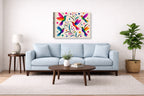 Hummingbirds - Colorful Abstract Painting printed on canvas wall art displayed above a couch in a living room