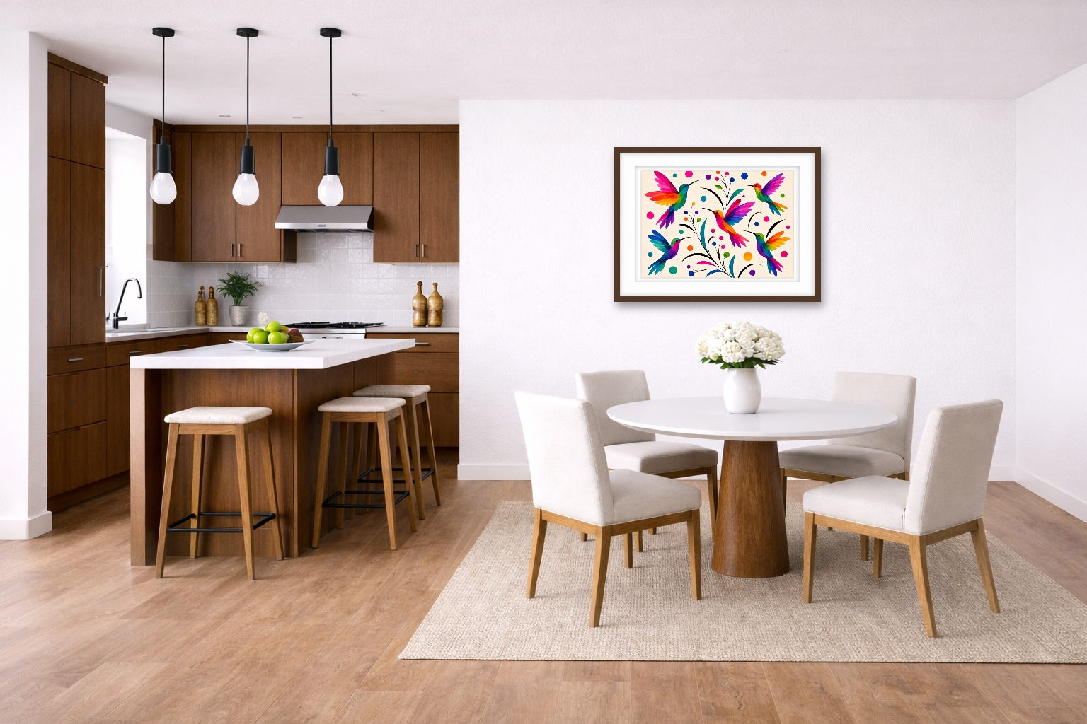 Hummingbirds - Colorful Abstract Painting printed on fine art paper, framed on a espresso frame and matted. Hung on a living kitchen-dinette wall.