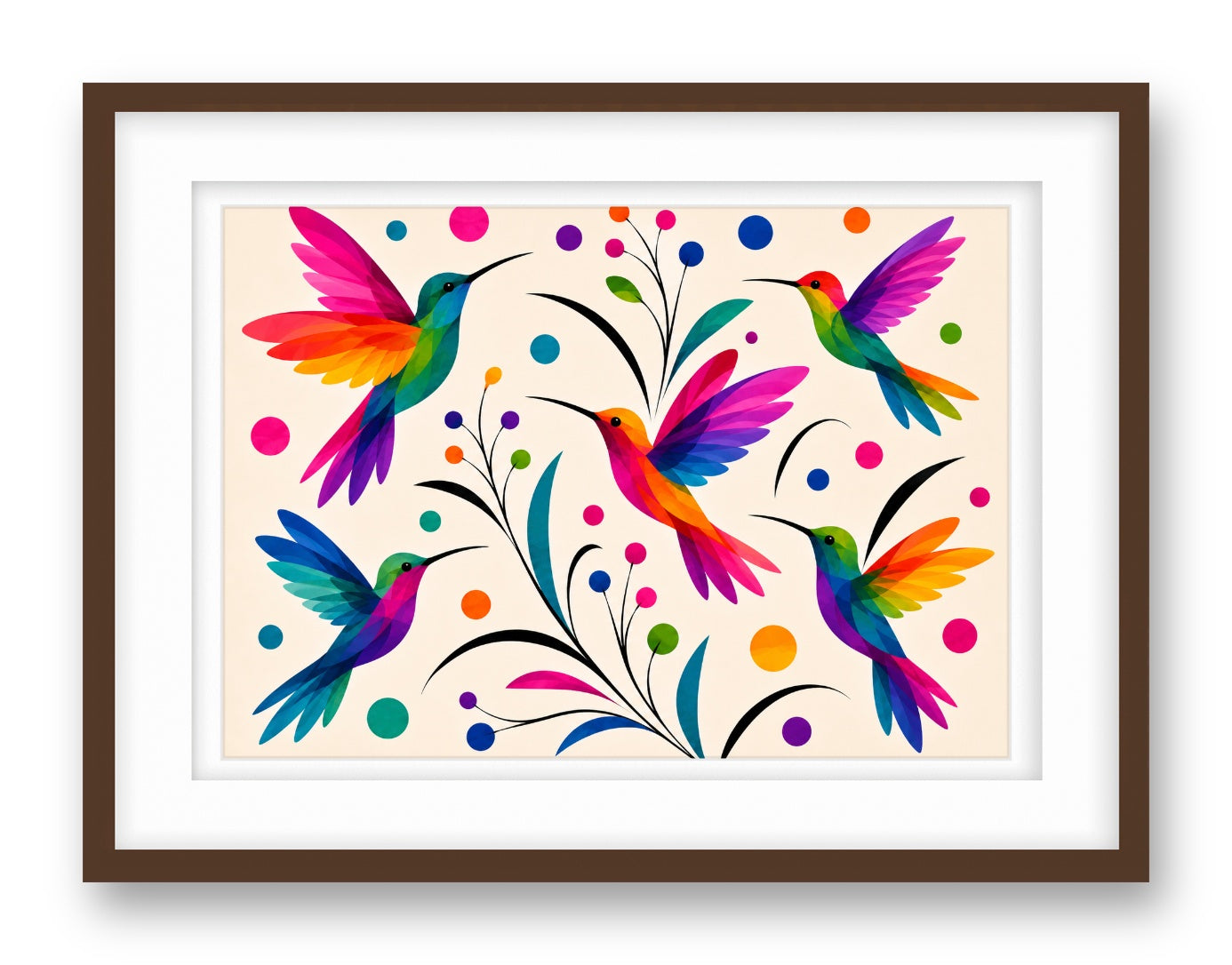 Hummingbirds printed on fine art paper, framed on a espresso frame and matted.