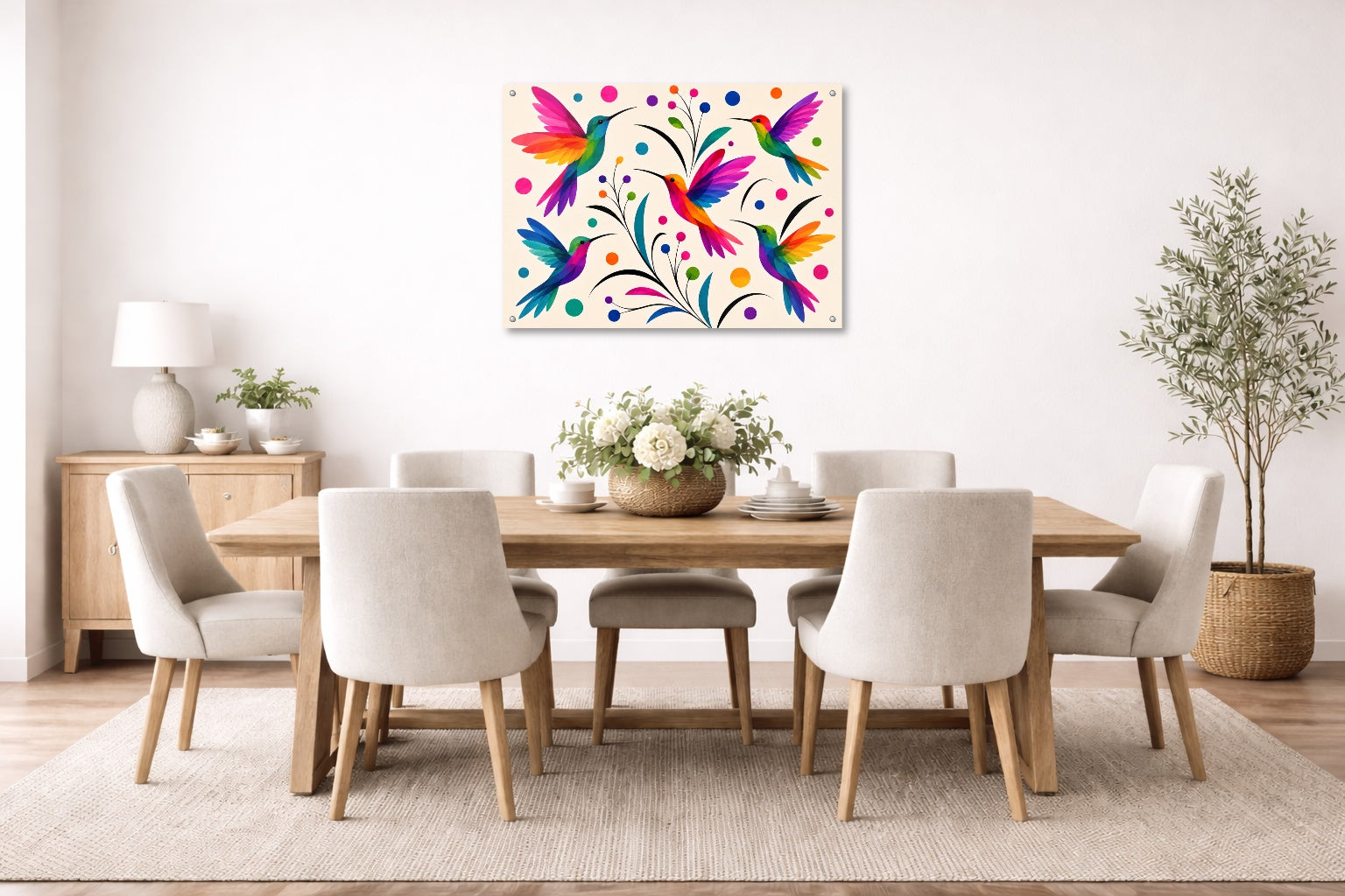 Hummingbirds - Colorful Abstract Painting printed on aluminum metal with wall anchors. Hung on a dining room wall.