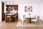 Hummingbirds - Colorful Abstract Painting printed on aluminum metal with wall anchors. Hung on a kitchen-dinette wall.