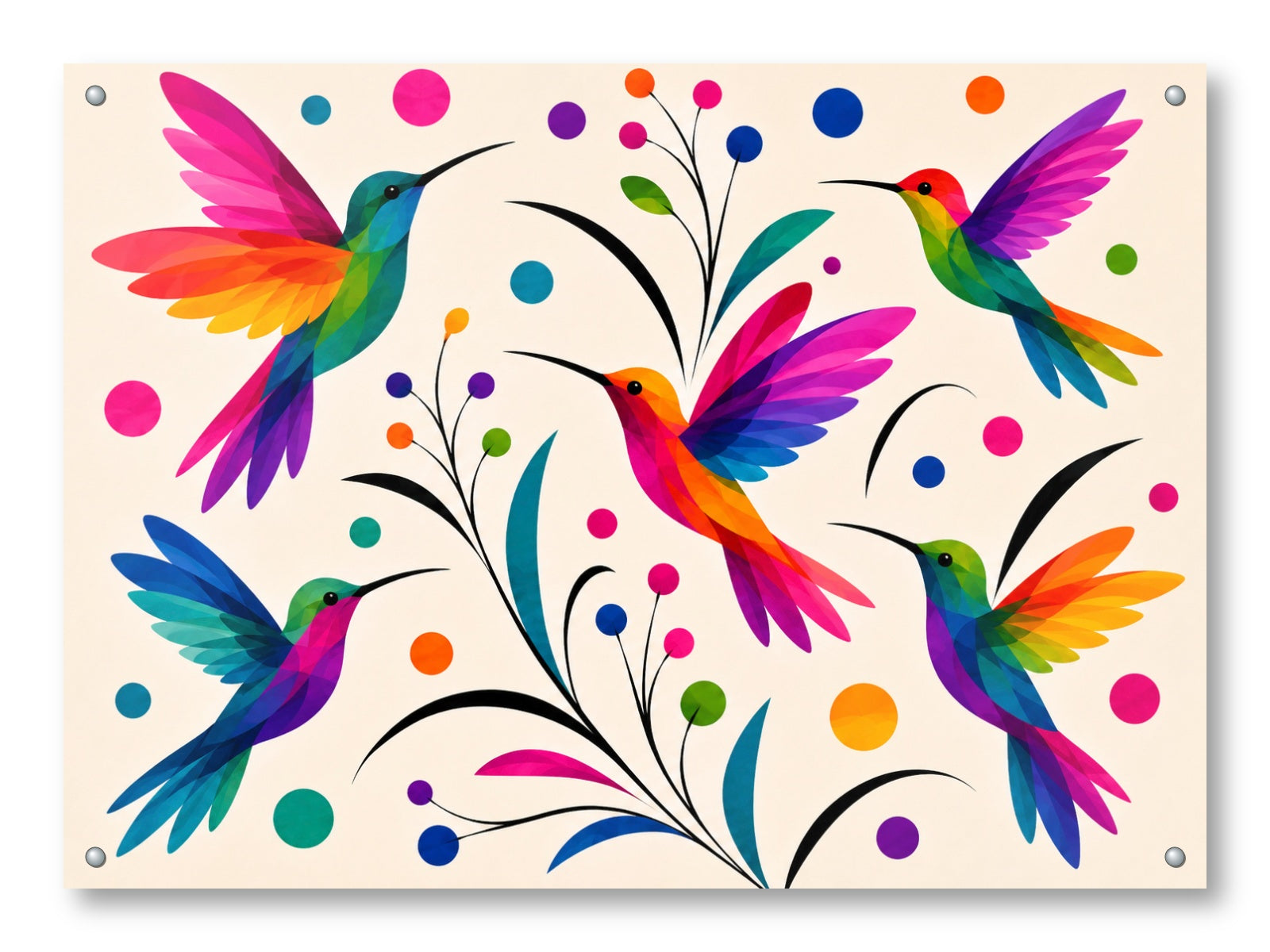 Hummingbirds printed on aluminum metal with wall anchors.
