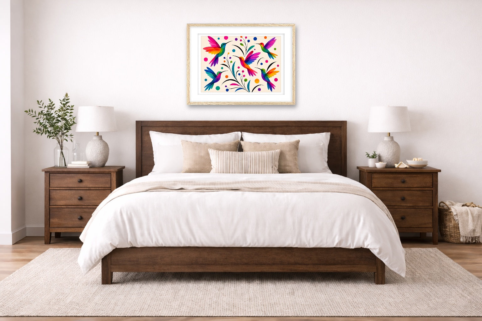 Hummingbirds - Colorful Abstract Painting printed on fine art paper, framed in a oak frame and matted. Hung on a bedroom wall.