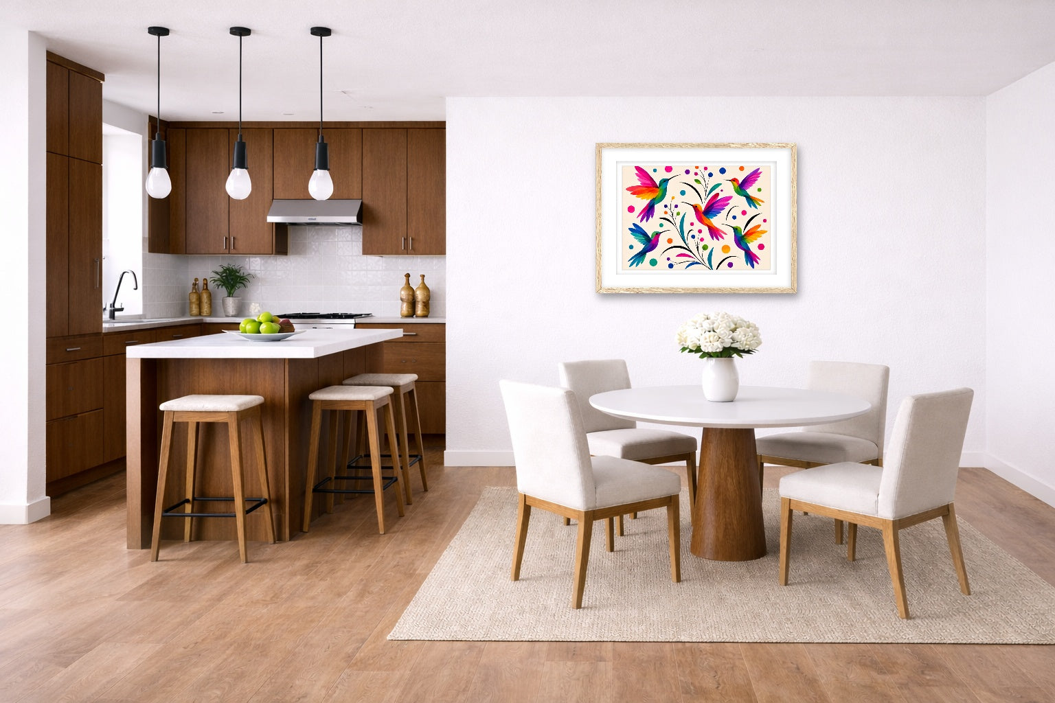 Hummingbirds - Colorful Abstract Painting printed on fine art paper, framed on a oak frame and matted. Hung on a kitchen-dinette wall.