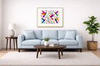 Hummingbirds - Colorful Abstract Painting printed on fine art paper, framed on a oak frame and matted. Hung on a living room wall.