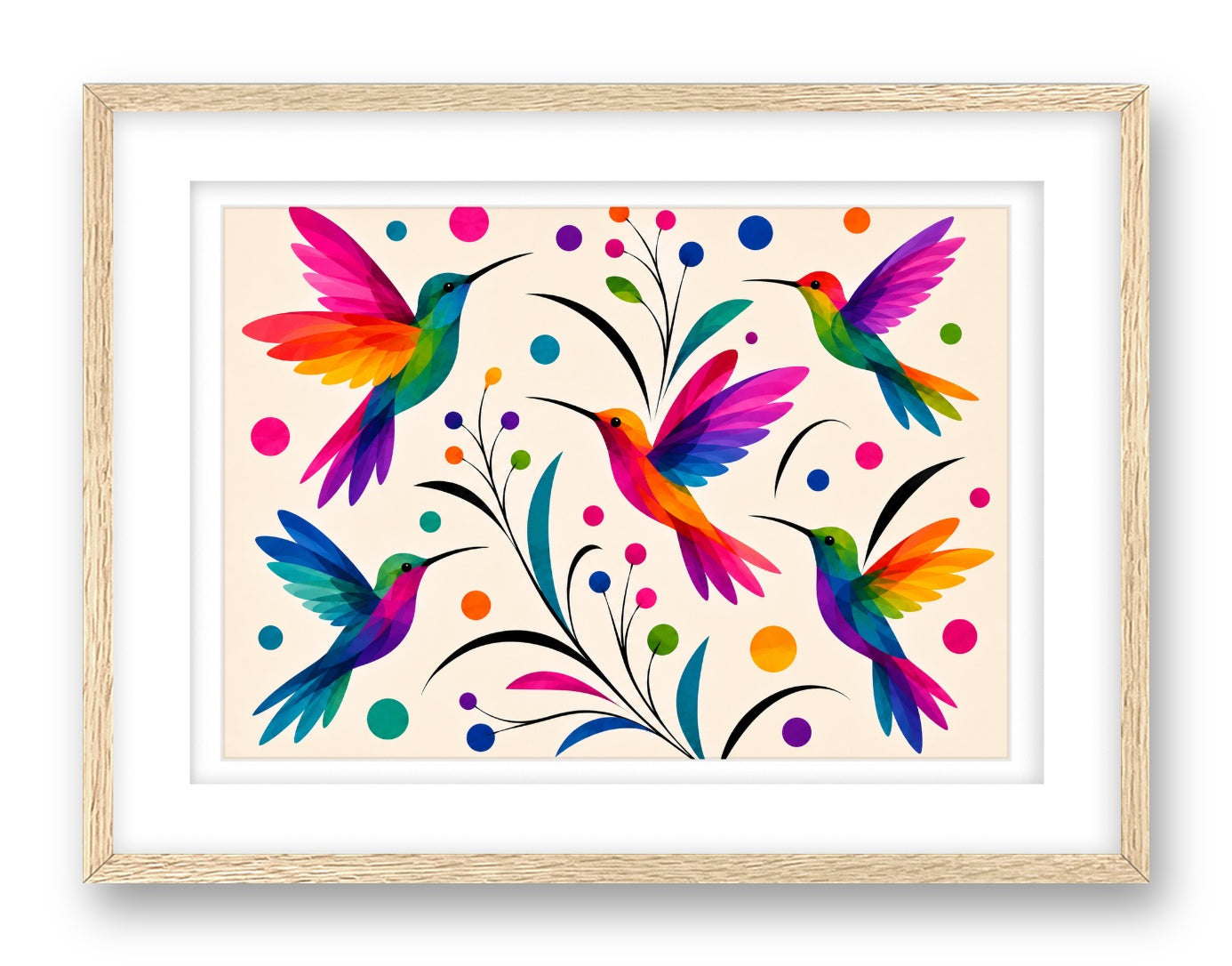 Hummingbirds printed on fine art paper, framed on a oak frame and matted.
