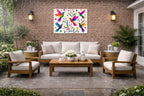 Hummingbirds - Colorful Abstract Painting printed on water resistant canvas and mounted on a waterproof frame. Hung on a patio wall.
