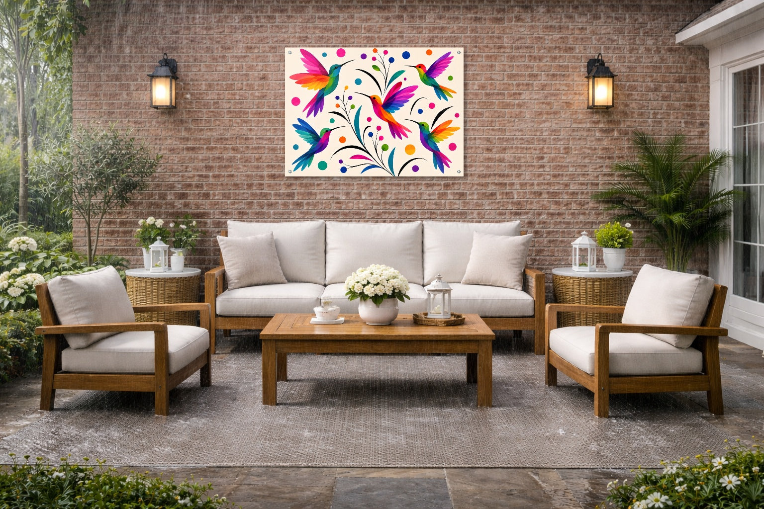 Hummingbirds - Colorful Abstract Painting printed on water resistant canvas and mounted on a waterproof frame. Hung on a patio wall.