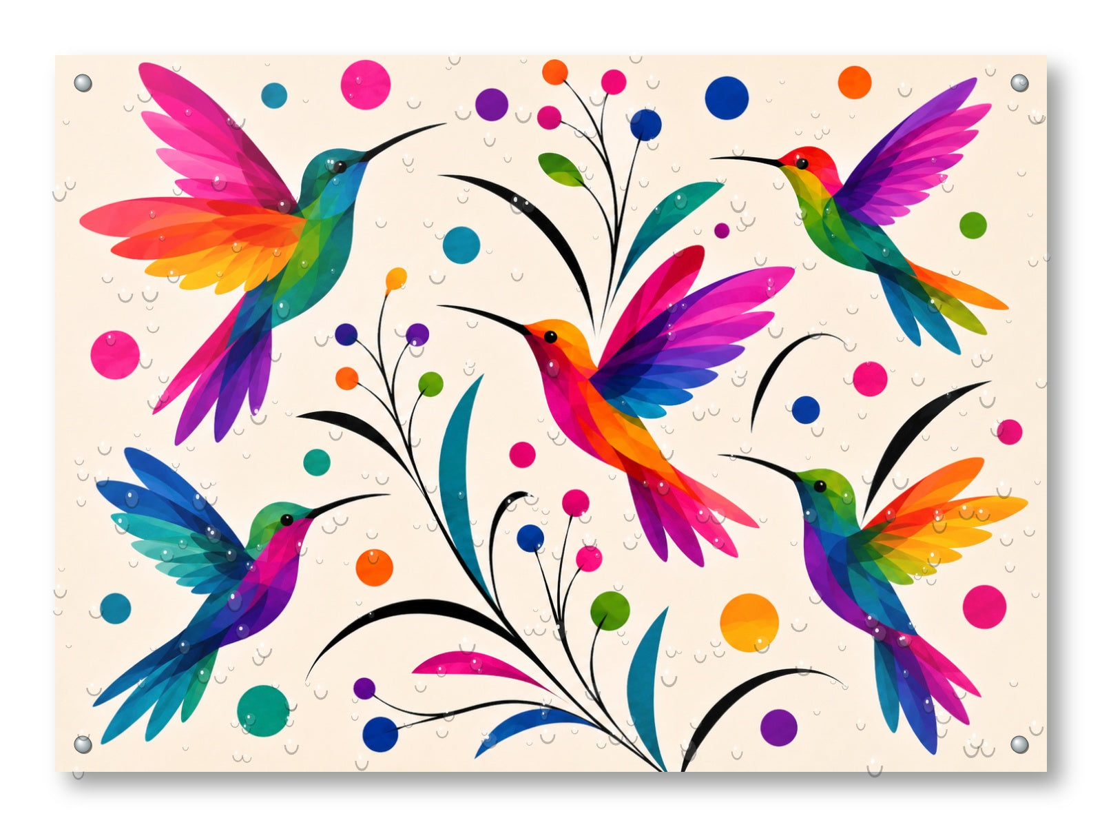 Hummingbirds - Colorful Abstract Painting printed on water resistant canvas and mounted on a waterproof frame.