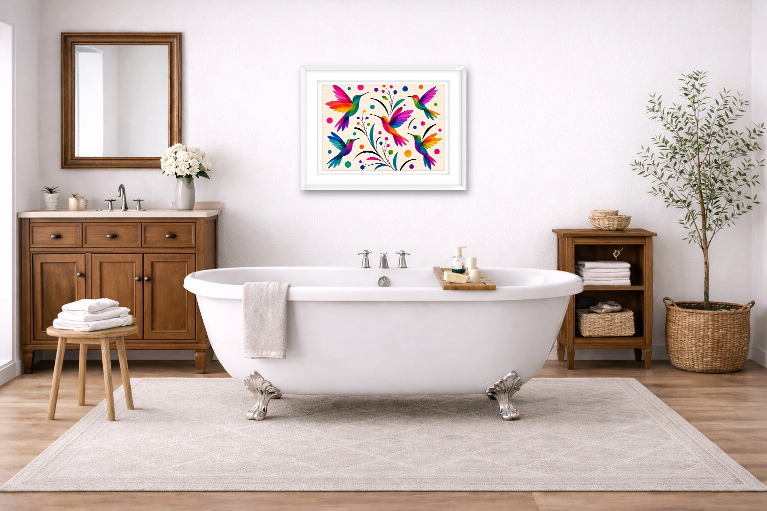 Hummingbirds - Colorful Abstract Painting printed on fine art paper, framed on a white frame and matted. Hung on a bathroom wall
