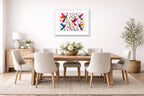 Hummingbirds - Colorful Abstract Painting printed on fine art paper, framed on a white frame and matted. Hung on a dining room wall.
