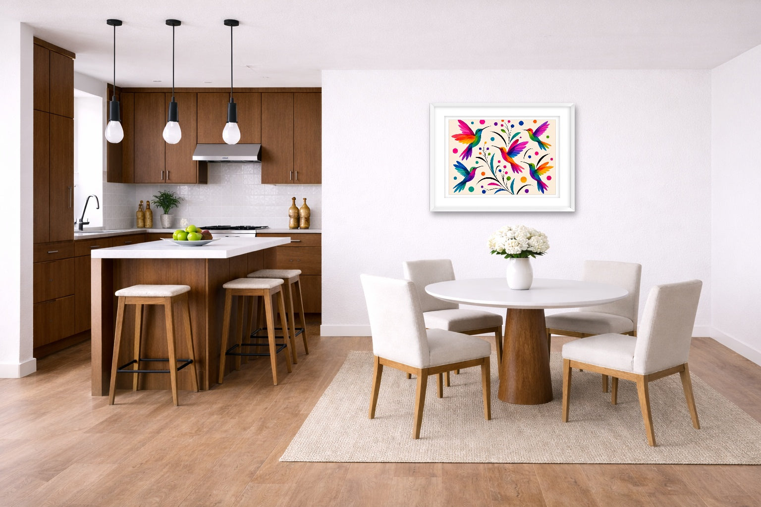 Hummingbirds - Colorful Abstract Painting printed on fine art paper, framed on a white frame and matted. Hung on a kitchen-dinette wall.