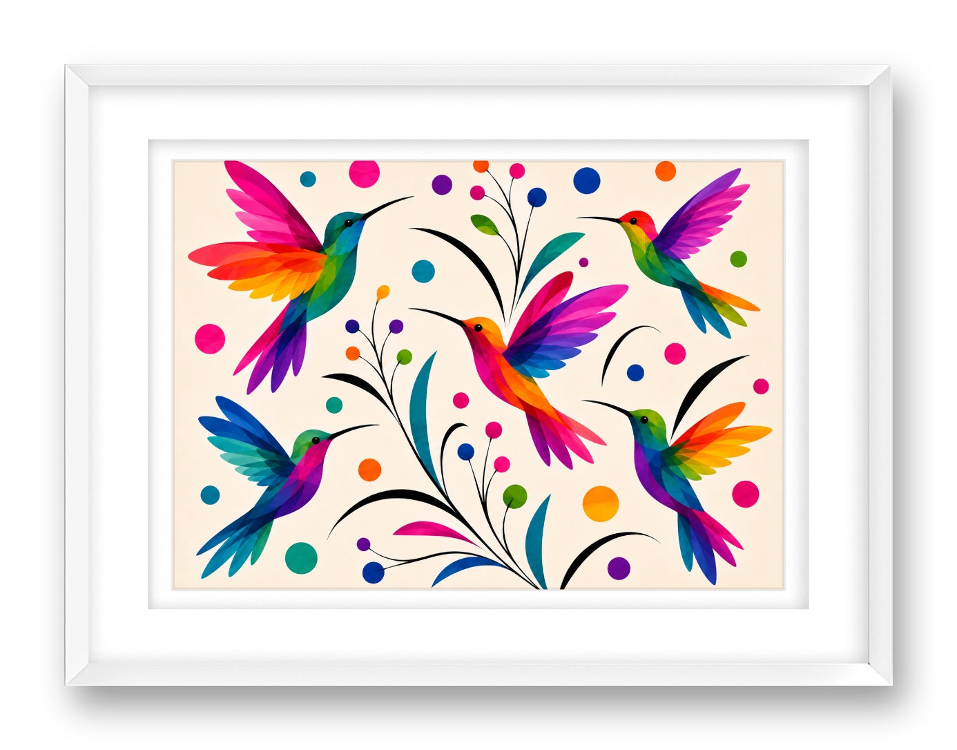 Hummingbirds printed on fine art paper, framed on a white frame and matted.