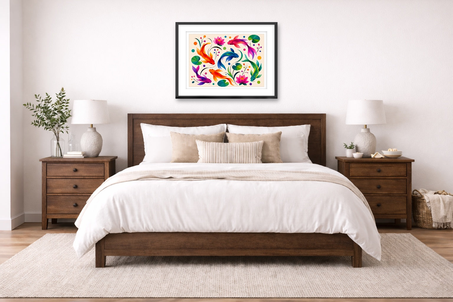 Koi Fish - Geometric Painting printed on fine art paper, framed on a black frame and matted and hung on a wall on an bedroom wall.