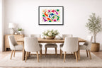 Koi Fish - Geometric Painting printed on fine art paper, framed on a black frame and matted and hung on a dining room wall.