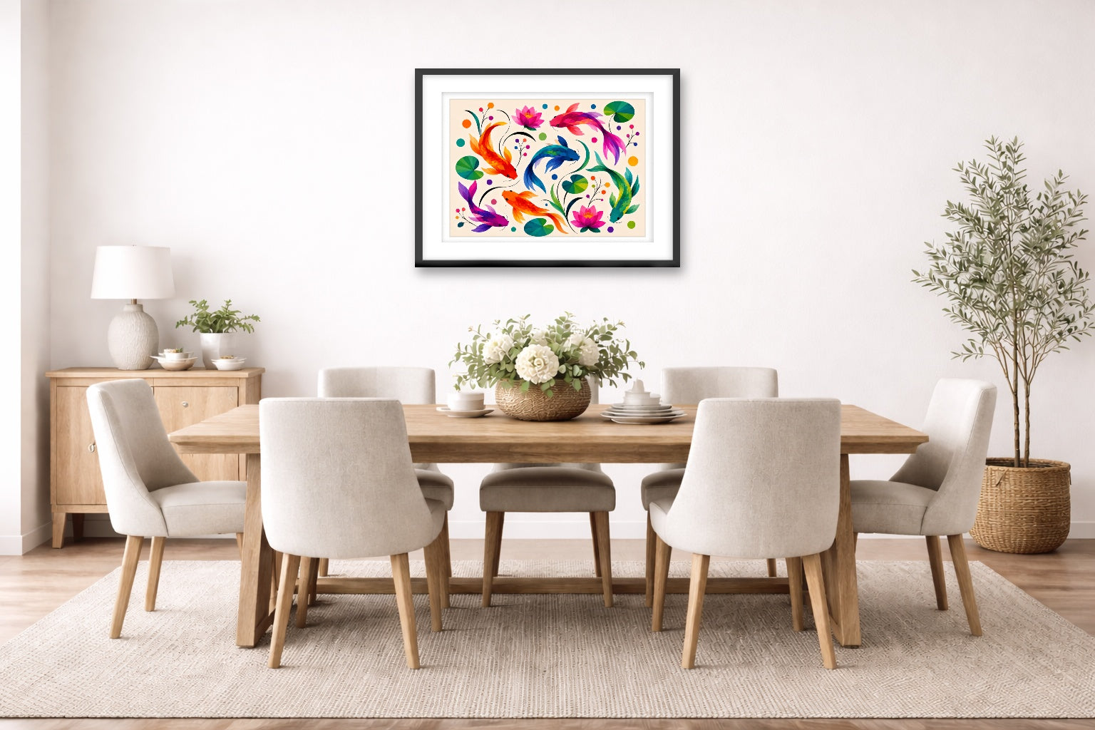 Koi Fish - Geometric Painting printed on fine art paper, framed on a black frame and matted and hung on a dining room wall.