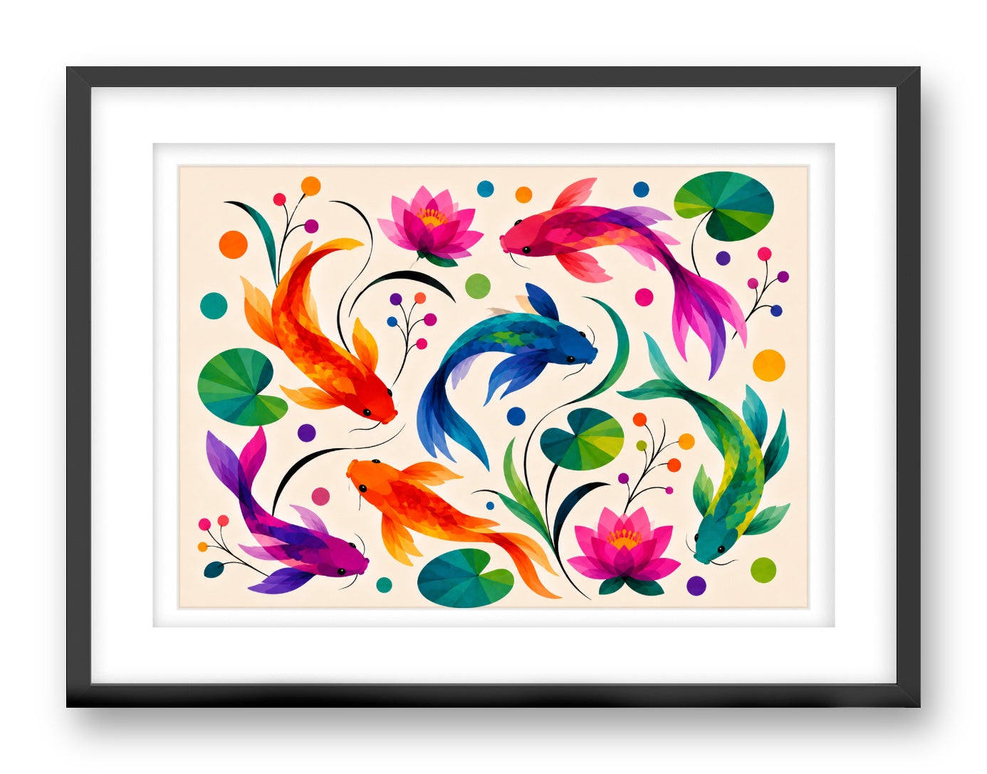 Koi Fish printed on fine art paper, framed on a black frame and matted.