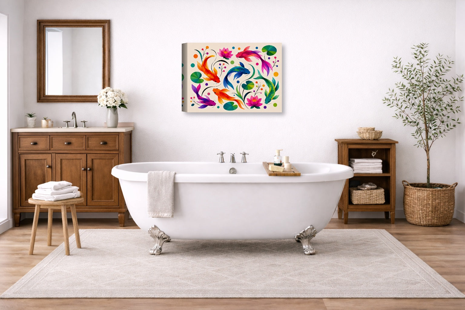 Koi Fish - Geometric Painting printed on canvas wall art displayed on a bathroom wall .