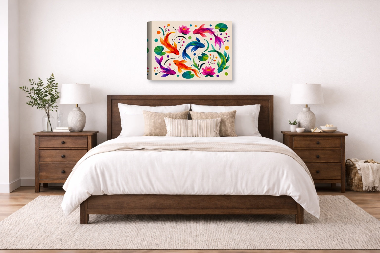 Koi Fish - Geometric Painting printed on canvas wall art displayed on a wall above a bed.