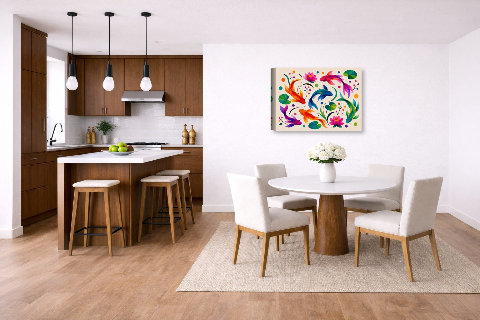 Koi Fish - Geometric Painting printed on canvas wall art displayed on a wall in a dinette.