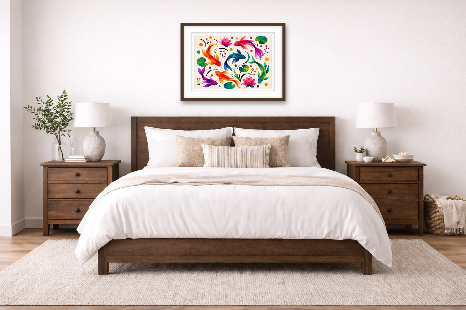 Koi Fish - Geometric Painting printed on fine art paper, framed on a espresso frame and matted. Hung on a living bedroom wall.