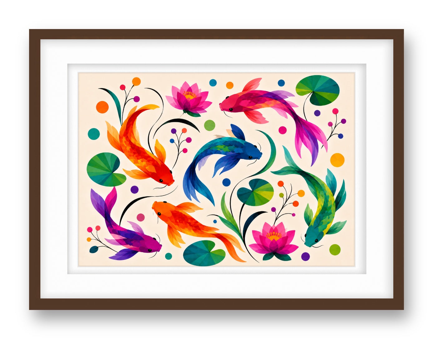 Koi Fish printed on fine art paper, framed on a espresso frame and matted.