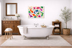 Koi Fish - Geometric Painting printed on aluminum metal with wall anchors. Hung on a bathroom wall.