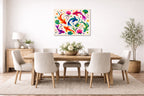 Koi Fish - Geometric Painting printed on aluminum metal with wall anchors. Hung on a dining room wall.