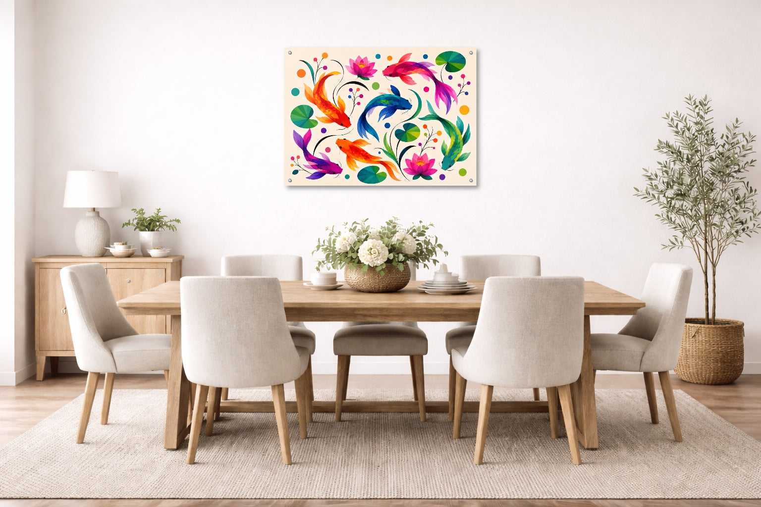 Koi Fish - Geometric Painting printed on aluminum metal with wall anchors. Hung on a dining room wall.