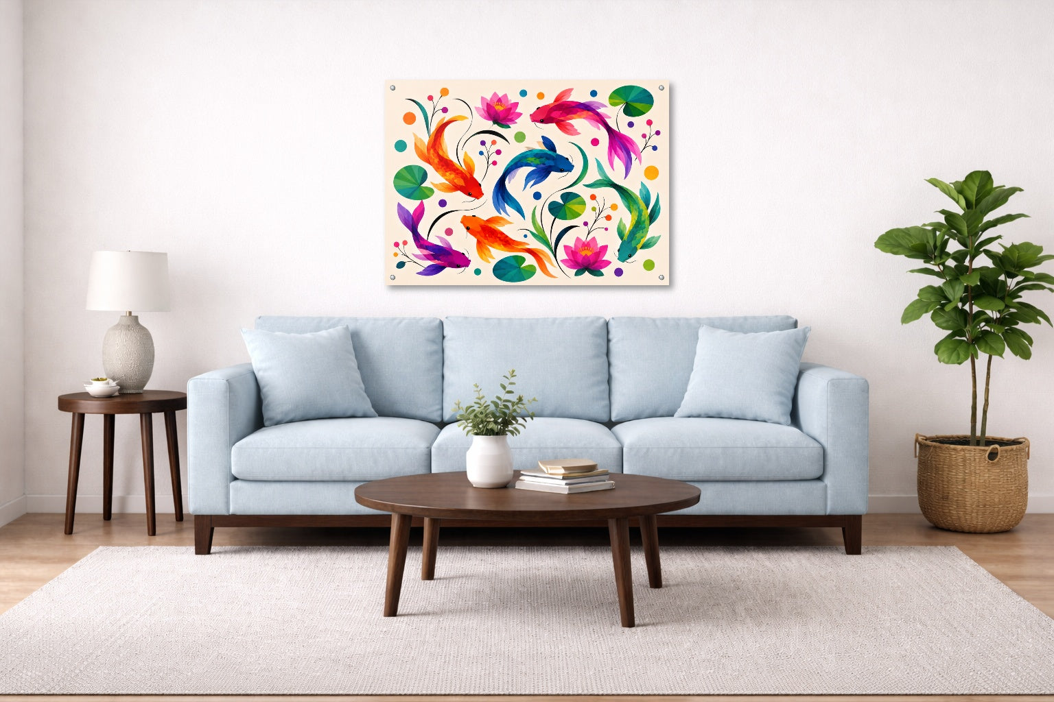Koi Fish - Geometric Painting printed on aluminum metal with wall anchors. Hung on a living room wall.