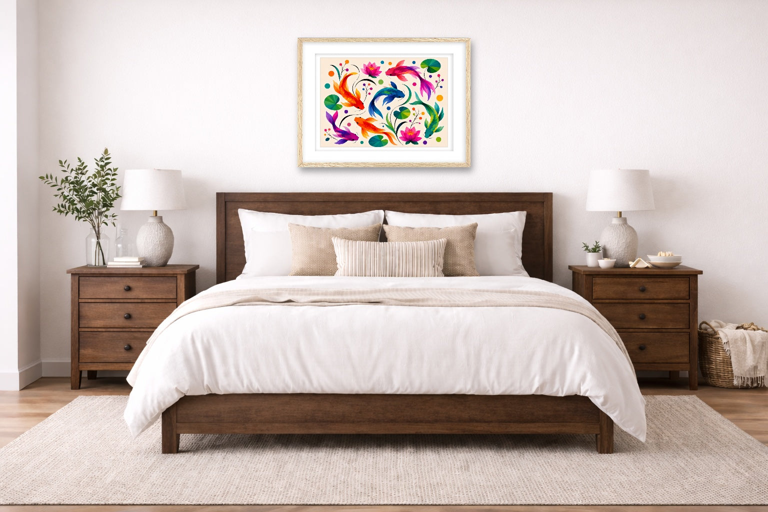 Koi Fish - Geometric Painting printed on fine art paper, framed in a oak frame and matted. Hung on a bedroom wall.