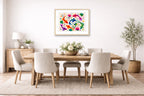 Koi Fish - Geometric Painting printed on fine art paper, framed on a oak frame and matted. Hung on a dining room wall.