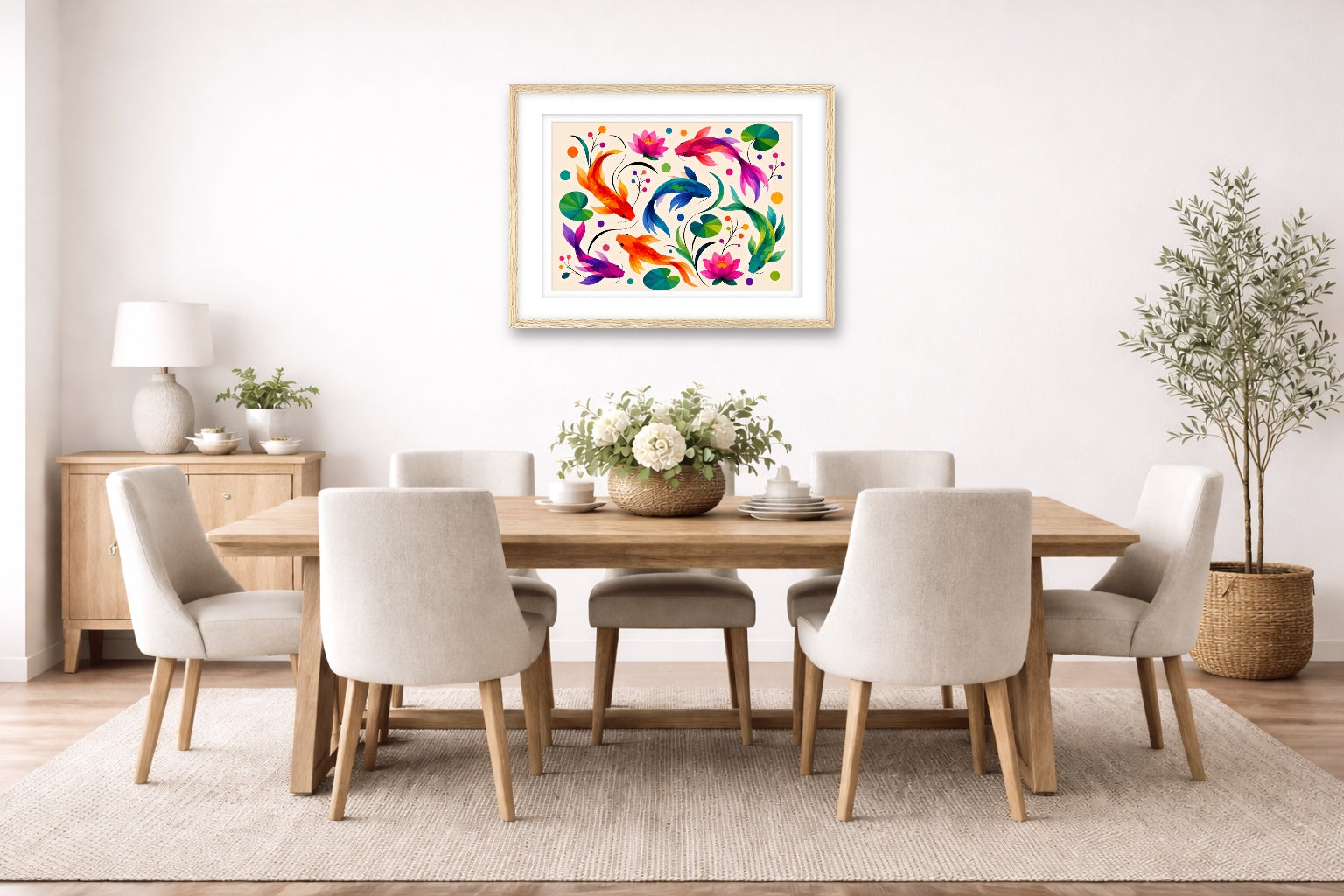 Koi Fish - Geometric Painting printed on fine art paper, framed on a oak frame and matted. Hung on a dining room wall.