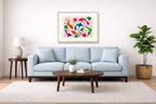 Koi Fish - Geometric Painting printed on fine art paper, framed on a oak frame and matted. Hung on a living room wall.