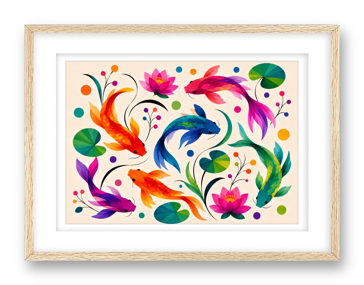Koi Fish printed on fine art paper, framed on a oak frame and matted.