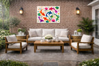 Koi Fish - Geometric Painting printed on water resistant canvas and mounted on a waterproof frame. Hung on a patio wall.