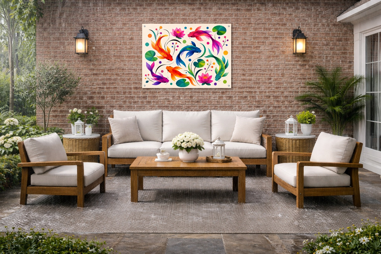 Koi Fish - Geometric Painting printed on water resistant canvas and mounted on a waterproof frame. Hung on a patio wall.