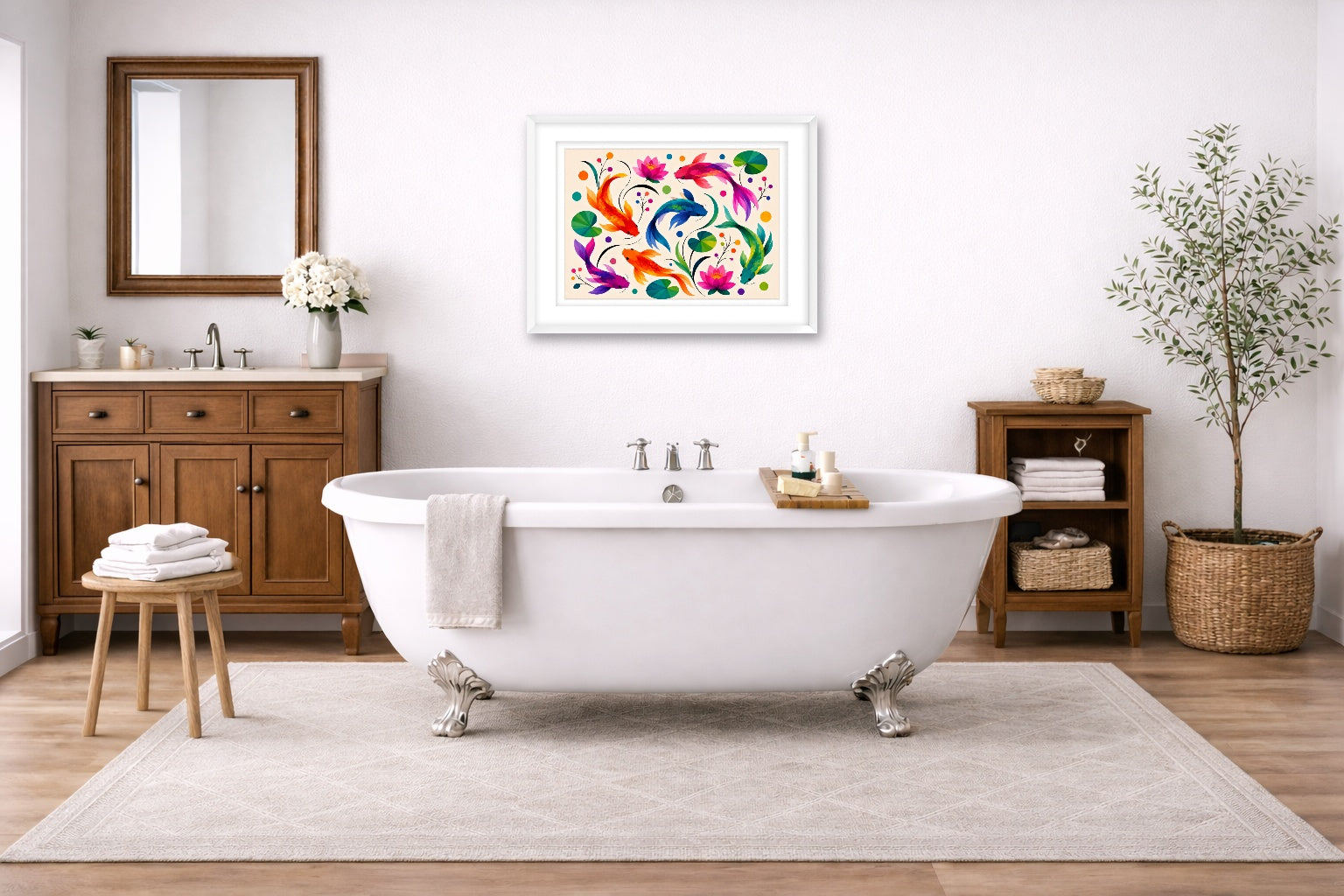 Koi Fish - Geometric Painting printed on fine art paper, framed on a white frame and matted. Hung on a bathroom wall