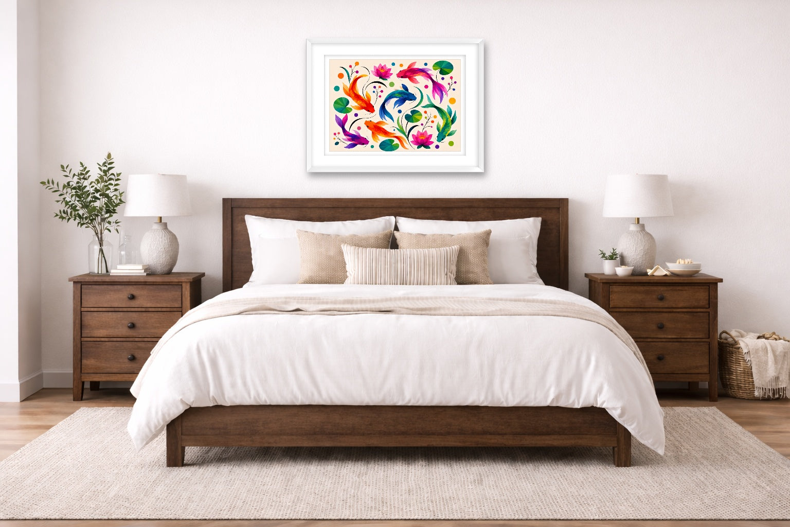 Koi Fish - Geometric Painting printed on fine art paper, framed on a white frame and matted. Hung on a bedroom room wall