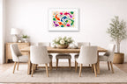 Koi Fish - Geometric Painting printed on fine art paper, framed on a white frame and matted. Hung on a dining room wall.