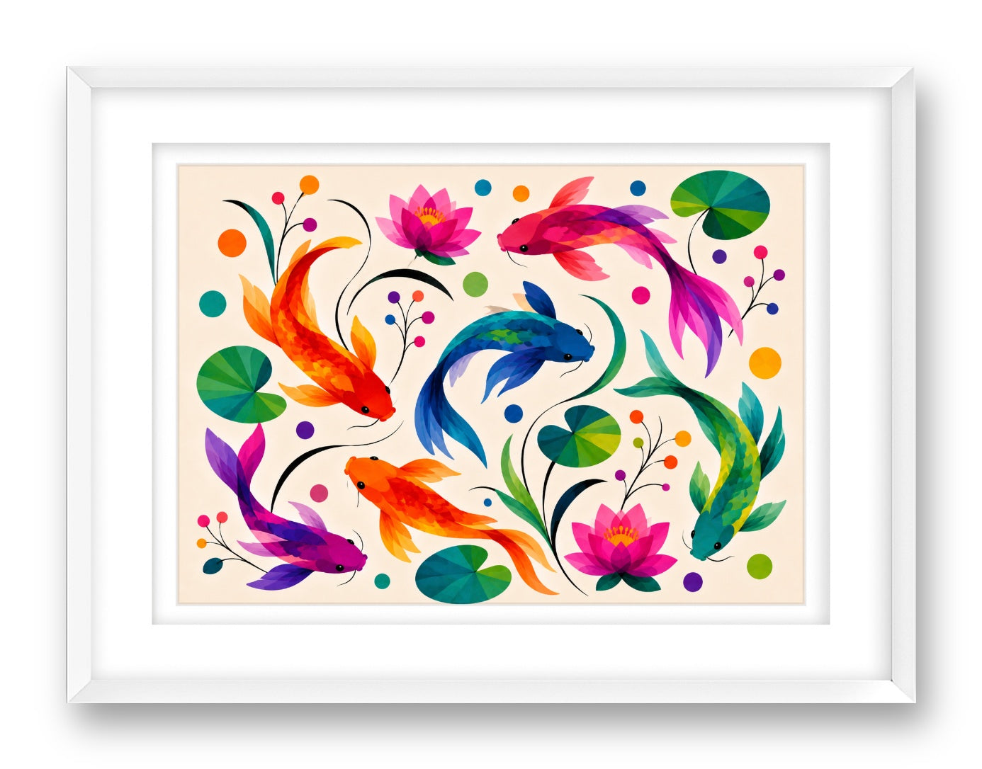 Koi Fish printed on fine art paper, framed on a white frame and matted.