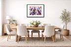 Peacocks - Abstract Geometric Painting printed on fine art paper, framed on a black frame and matted and hung on a dining room wall.