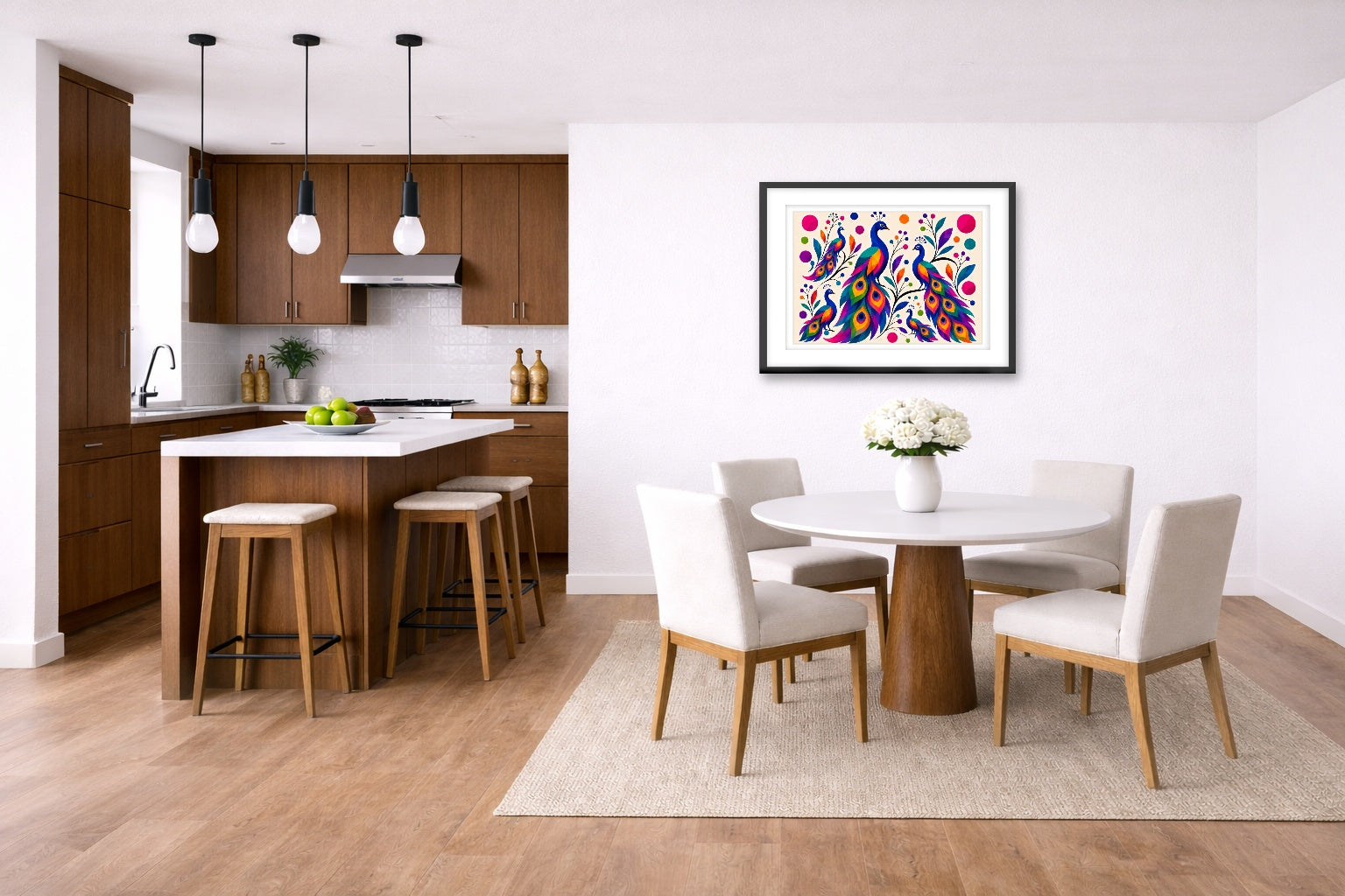 Peacocks - Abstract Geometric Painting printed on fine art paper, framed on a black frame and matted and hung on a wall on a dinette wall.