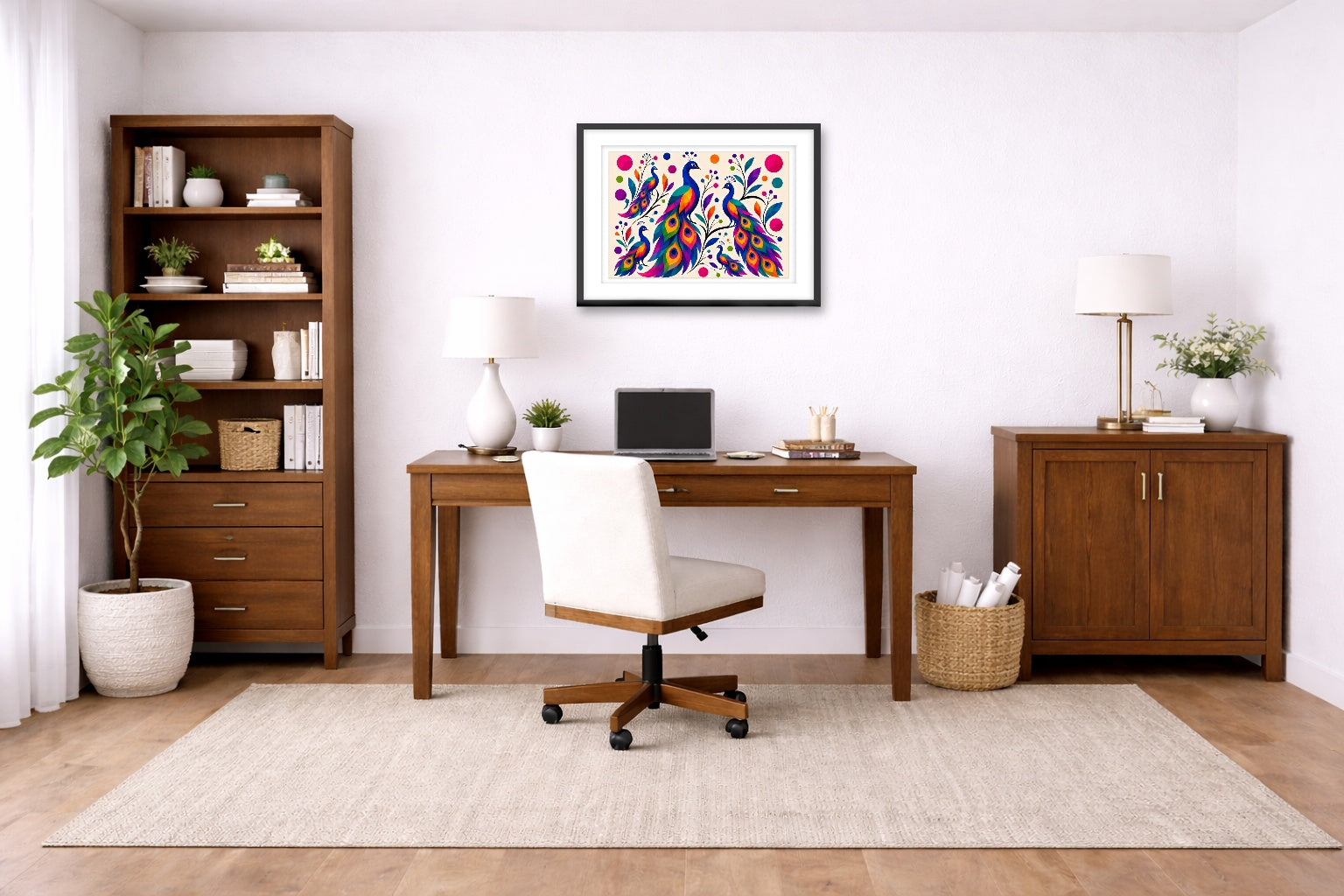 Peacocks - Abstract Geometric Painting printed on fine art paper, framed on a black frame and matted and hung on a wall on an home office wall.
