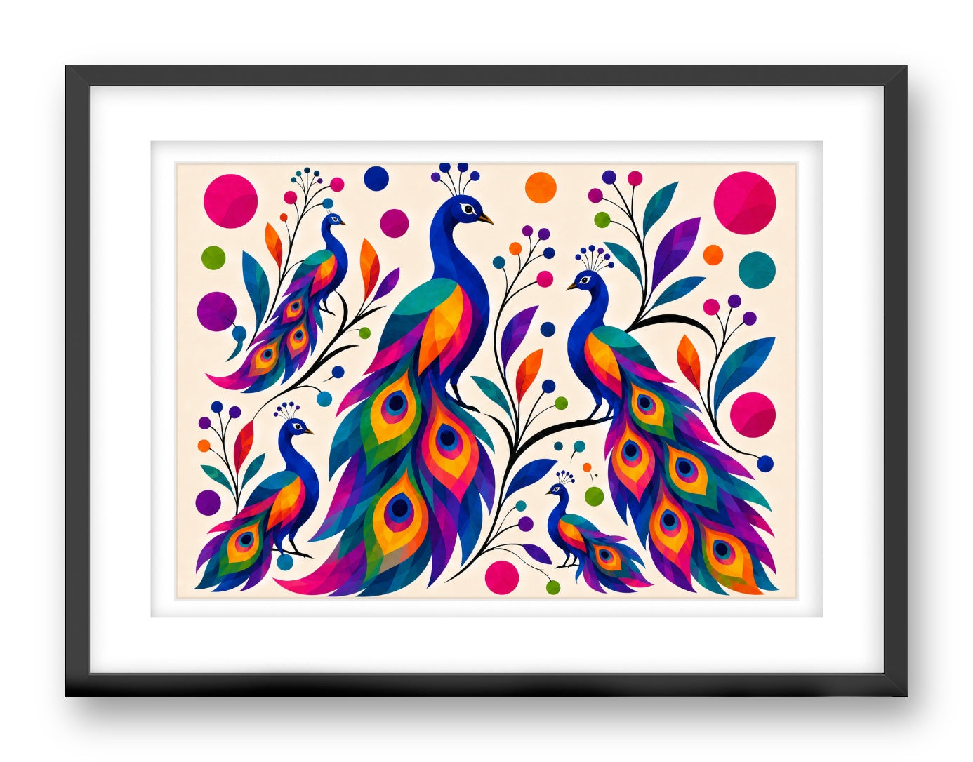 Peacocks printed on fine art paper, framed on a black frame and matted.