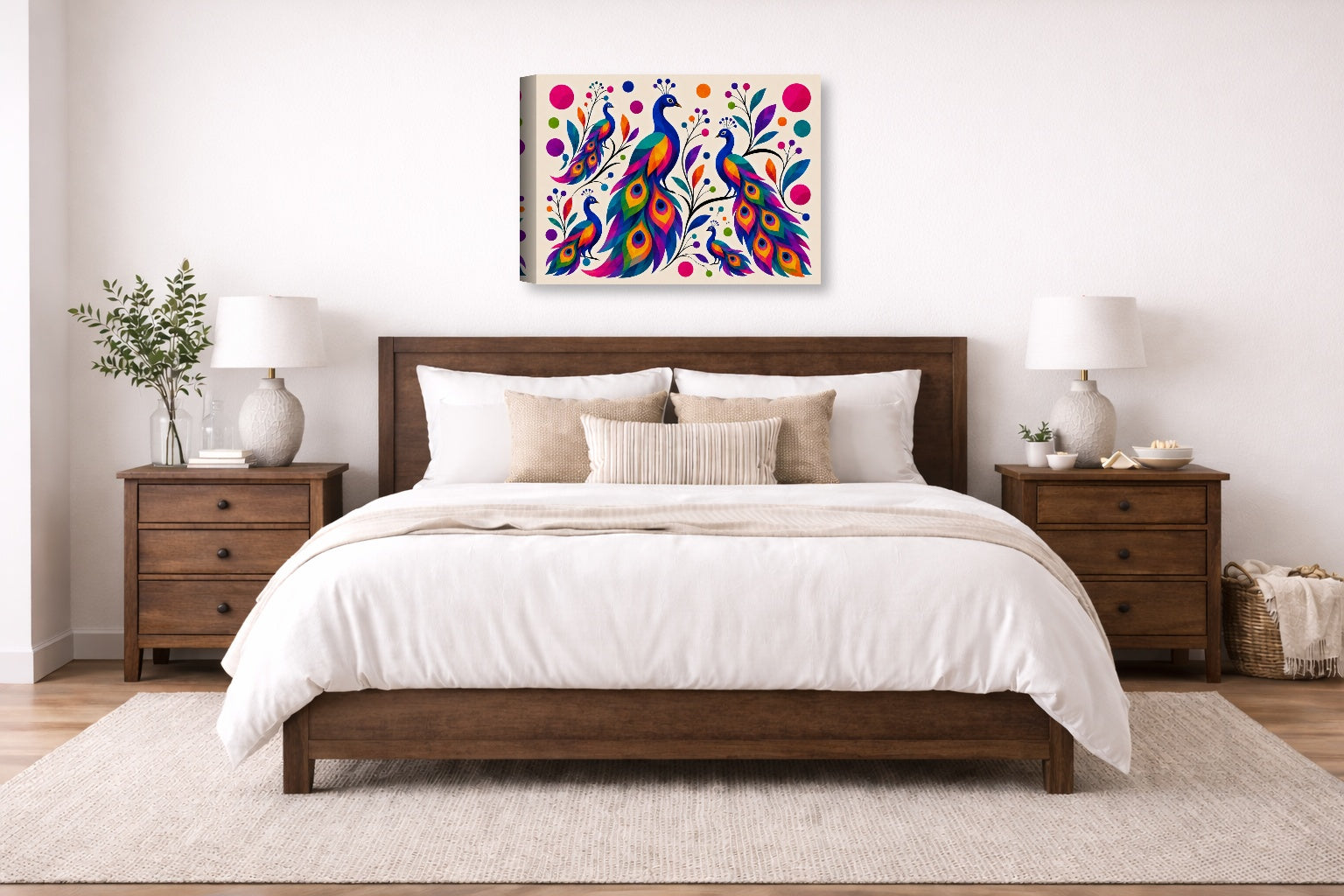 Peacocks - Abstract Geometric Painting printed on canvas wall art displayed on a wall above a bed.